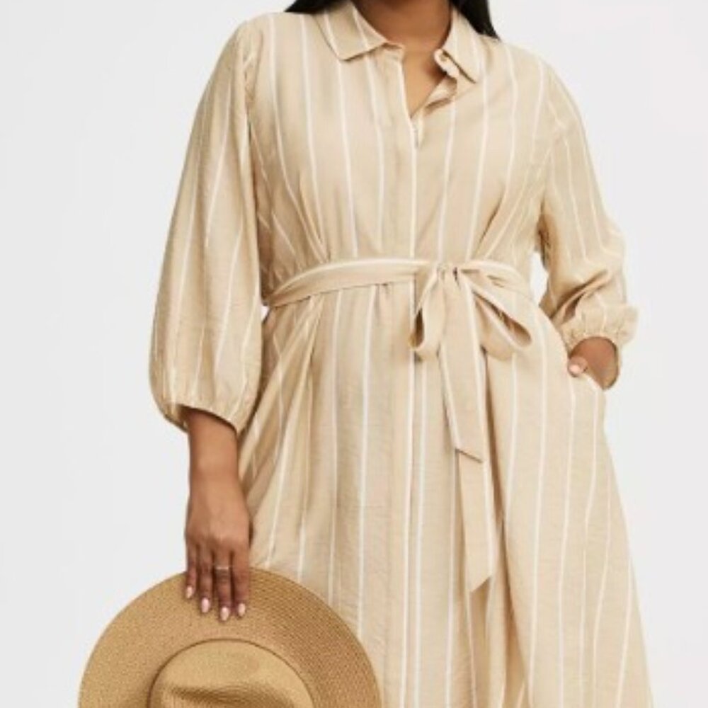 Torrid Collared Tie-Front Shirt Dress - Beig & White Stripe